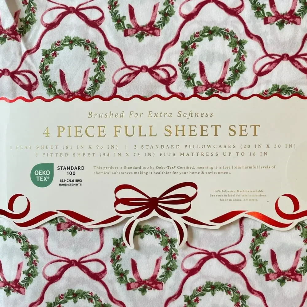 Envogue FULL 4pc Sheet Set Holiday Bows & Wreath Holiday Bedding Green Red NEW